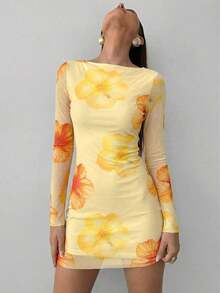 corto ajustado con mangas largas, estampado de tie-dye y parte posterior abierta y atada, de estilo sexy y a la moda para mujer - Amarillo - Ver 5