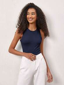 Camiseta de tirantes casual y versátil con cuello redondo y rayas para mujer - Azul marino - Ver 4