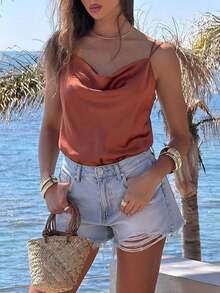 Camiseta sin mangas casual de unicolor y cuello en V elegante para mujer, verano - Marrón - Ver 6