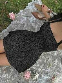 Vestido de línea A con cintura ceñida y cuello halter en color borgoña, vestidos de graduación cortos para mujeres, ropa de verano elegante, vestidos de mujer, vestidos de fiesta para mujeres, ropa de verano para mujeres, atuendo de cumpleaños p - Gris Oscuro - Ver 1