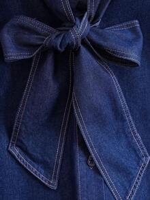 Mature Denim Blusa de mezclilla de mujer con un solo botonadura y lazo versátil y de moda - Azul lavado medio - Ver 4