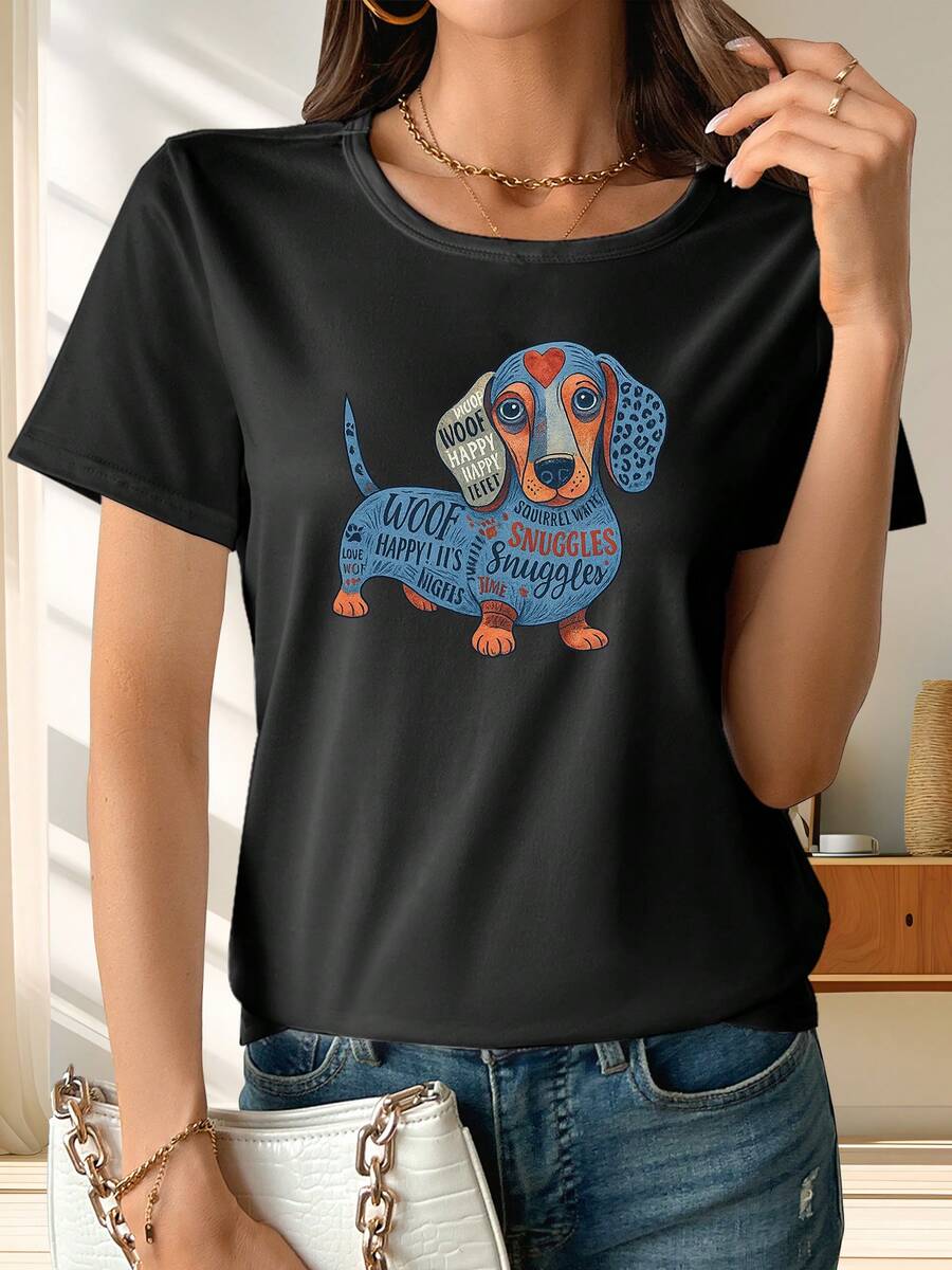 Women's Short-Sleeved T-Shirt With Puppy And Sausage Print, Breathable Fabric, Casual Style, New Women's Clothing. - 黑色 - 查看 1