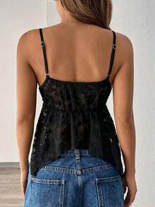 Camiseta de mujer con escote en V sexy y bajo asimétrico de encaje - Negro 2 - Ver 2