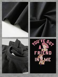 The Print Features Two Smiling Friends Symbolizing Loyalty And The Strength Of True Friendship, With A Positive Message That Inspires Trust And Unity Between People And Conveys Friendly Energy And Optimism. This Casual And Comfortable Women's T-Shirt Is Perfect For Everyday Wear. - Black - View 4