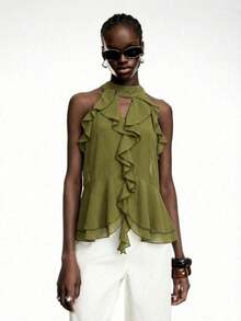 Elegant Solid Color Halter Top With Ruffles For Women - 軍綠色 - 查看 1