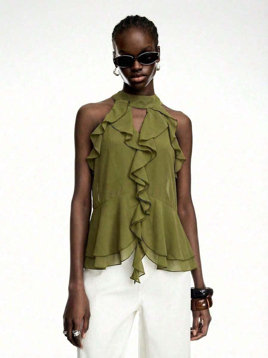 Elegant Solid Color Halter Top With Ruffles For Women - 軍綠色 - 查看 1
