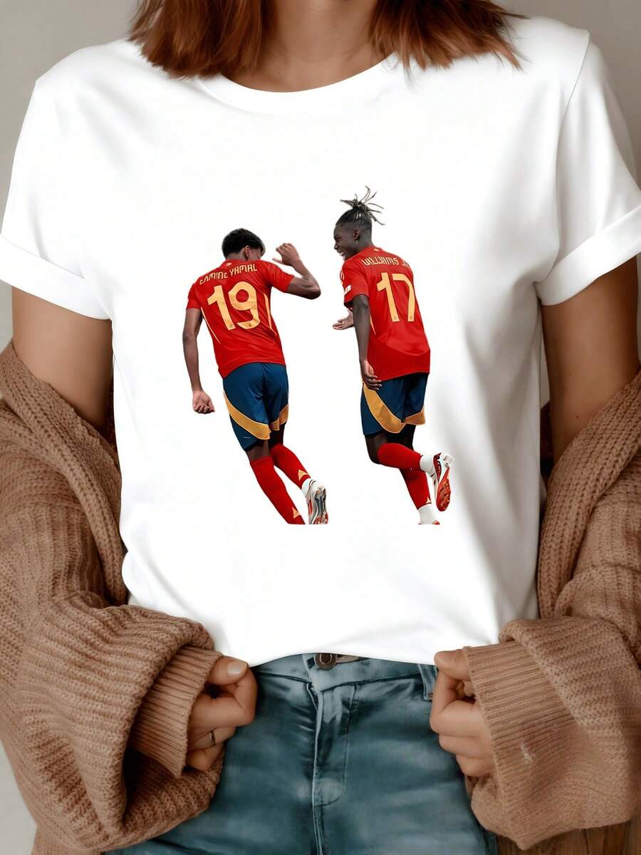 Two Players Enthusiastically Celebrating A Goal, Symbolizing The Strength Of Teamwork And Passion For Football. Comfortable Casual Women's T-Shirt, Ideal For Sports Fans. - 白色 - 查看 1