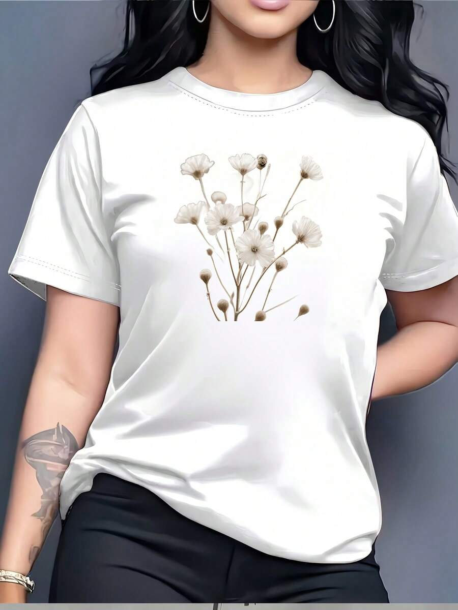Women's Lightweight 180g Floral Print Summer T-Shirt, Ideal For Casual Family Gatherings And Office Wear - Perfect Gift For Her - 白色 - 查看 1