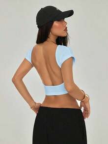 Camiseta negra con espalda abierta, adecuada para talla pequeña, para verano - Azul - Ver 8