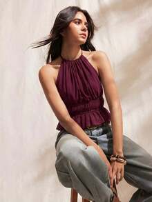 Blusa sin mangas para mujer con cuello halter plisado, ajustada a la cintura con lazo en la espalda y con la espalda descubierta - Burdeos - Ver 7