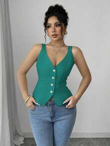Camiseta sin mangas de un solo pecho de unicolor casual para mujer - Azul - Ver 3
