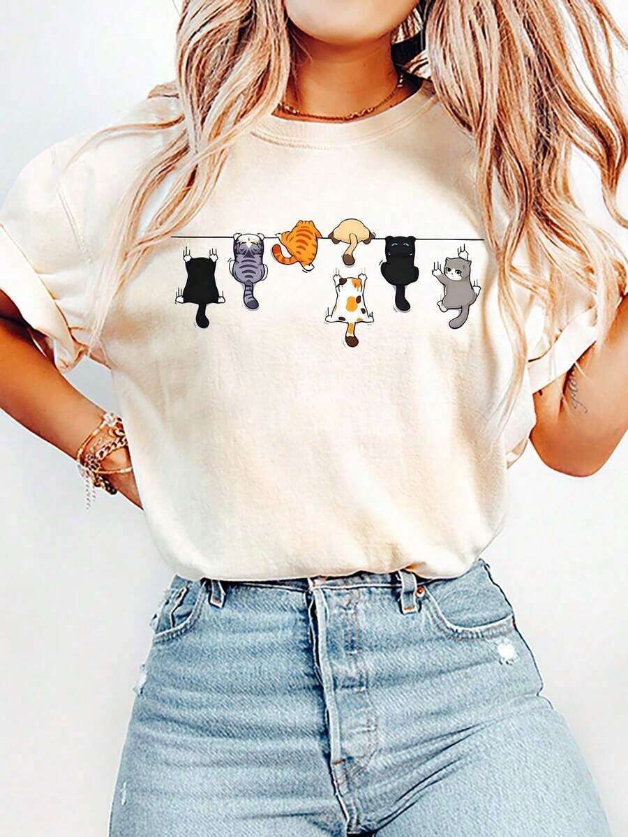 Women's Casual Summer T-Shirt With Round Neck And Short Sleeves, With Cute Cat Print In White. Pure-Cotton - 杏色 - 查看 1