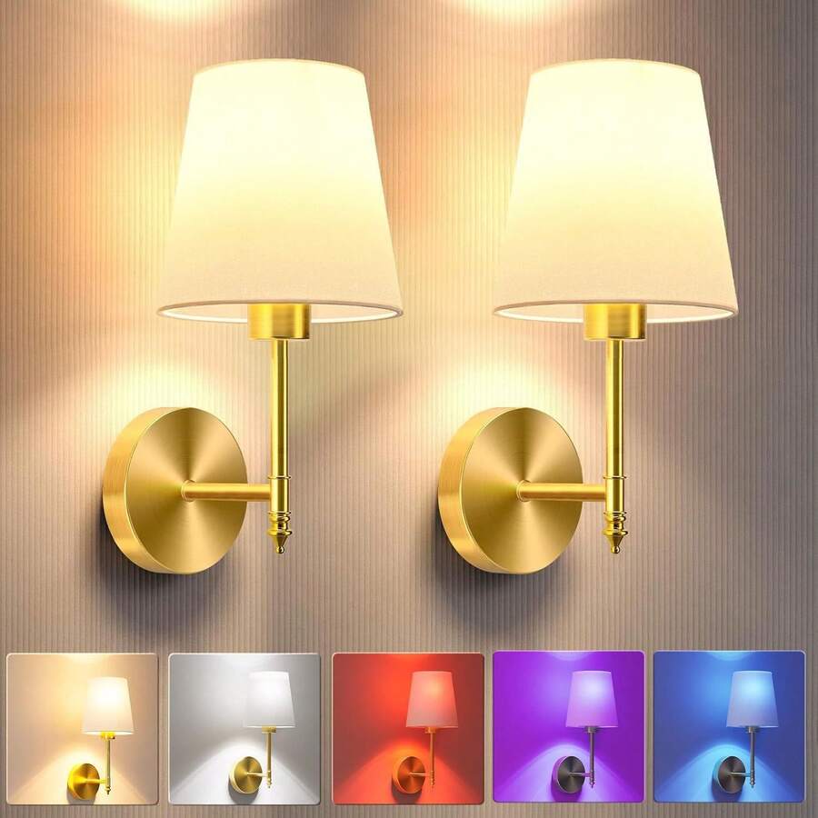 Juegos de lámparas de pared con batería, luces de pared recargables doradas con bombilla con control remoto magnético desmontable, 12 colores RGB y 3 temperaturas de color, lámpara de pared inalámbrica regulable para Lámpara de pared dorada inalámbrica con control remoto y atenuación, bombilla desmontable, lámpara de pared recargable RGB de 15 colores. - Estilo JK-11 - Color cobre - Sujetador plisado - 1 pieza - Ver 1