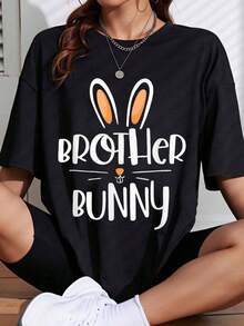 1 Piece Of Black T-Shirt With Brother Bunny Rabbit Print For Easter And Spring, Casual Women's Clothing, 180g, 100% Cotton. - Black - View 1