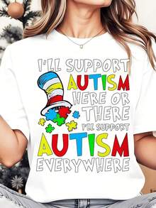 1 Piece Women's T-Shirt With Colorful Puzzle Piece Design And Hat For Autism Awareness, Perfect For Everyday Wear, Outdoor Activities, Travel, And Casual Style. 180g 100% Cotton - 白色 - 查看 1