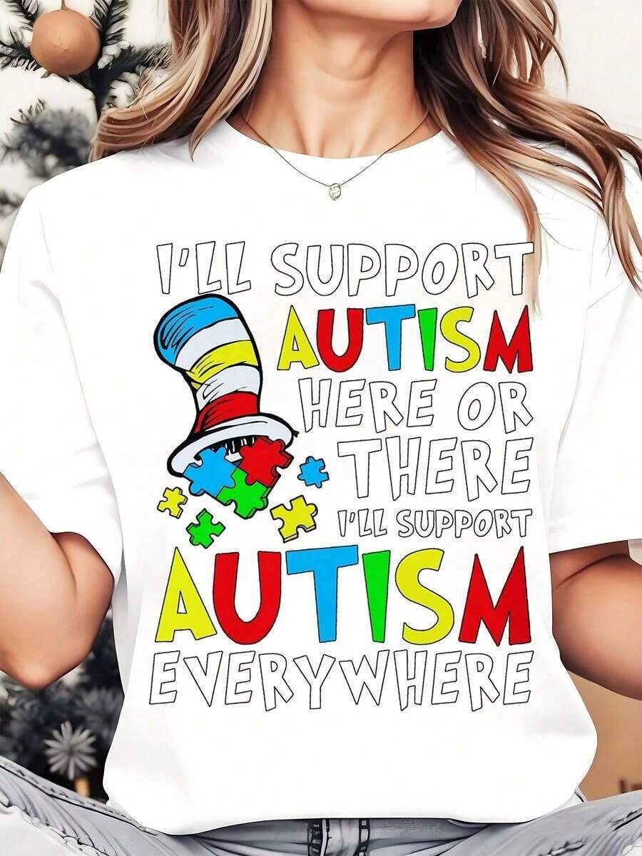 1 Piece Women's T-Shirt With Colorful Puzzle Piece Design And Hat For Autism Awareness, Perfect For Everyday Wear, Outdoor Activities, Travel, And Casual Style. 180g 100% Cotton - 白色 - 查看 1