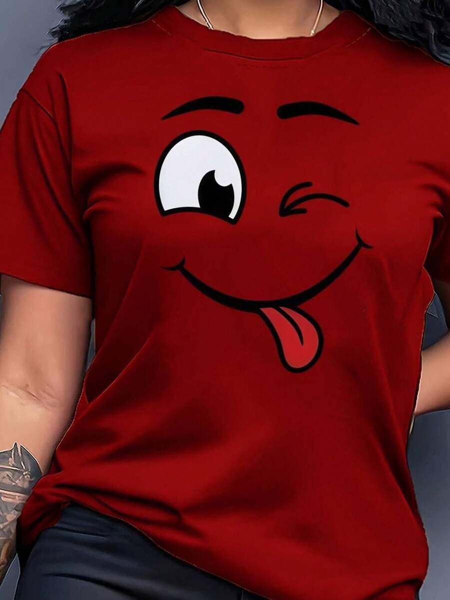 Casual Crew Neck T-Shirt - 100% Cotton - Winking Face Print - Perfect For Streetwear, Loungewear, Gym | Perfect Gift | Machine Washable | Comfortable All Year Round | 100% Pure Cotton | Lightweight And Breathable | Hip-Hop Style | Streetwear, Loungewear, Activewear | Drippy Clothing - 紅色 - 查看 1