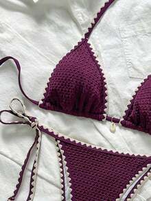 Conjunto de bikini de 2 piezas para mujer de verano con tela jacquard de unicolor, volantes en el borde y tirantes ajustables - Morado - Ver 4