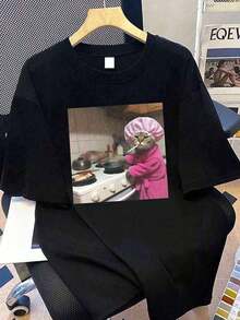 Women's Plus Size T-Shirt With A Fun Chef Cat Graphic, Casual Summer Top, Suitable For Everyday Wear, Going Out, Parties, School, Music Festivals, Vacations, And Everyday Wear. It Can Be A Gift For Family, Boyfriend, Girlfriend, Or Friends. Summer Clothes For Girls In Black. - 黑色 - 查看 11