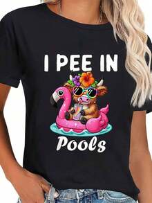 Vintage 100% Cotton T-Shirt, Funny And Sarcastic "I Do It In Swimming Pools" Design With A Highland Cow, Unisex Graphic Crew Neck T-Shirt, Classic Fashion, Women's Summer Tops. - 黑色 - 查看 5