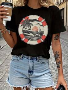 Women's Short Sleeve T-Shirt - Tropical Beach Scene With Lifeguard Graphic, 100% Cotton Casual T-Shirt With Comfortable Fit, Palm Tree And Sailboat Design, Machine Washable All-Season Top, Women's Beachwear - 黑色 - 查看 6