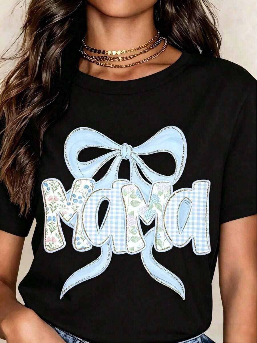 T-Shirt With "Mom" Bow In A Pink Floral Design, Casual Gift For Mom - 2 - 查看 1