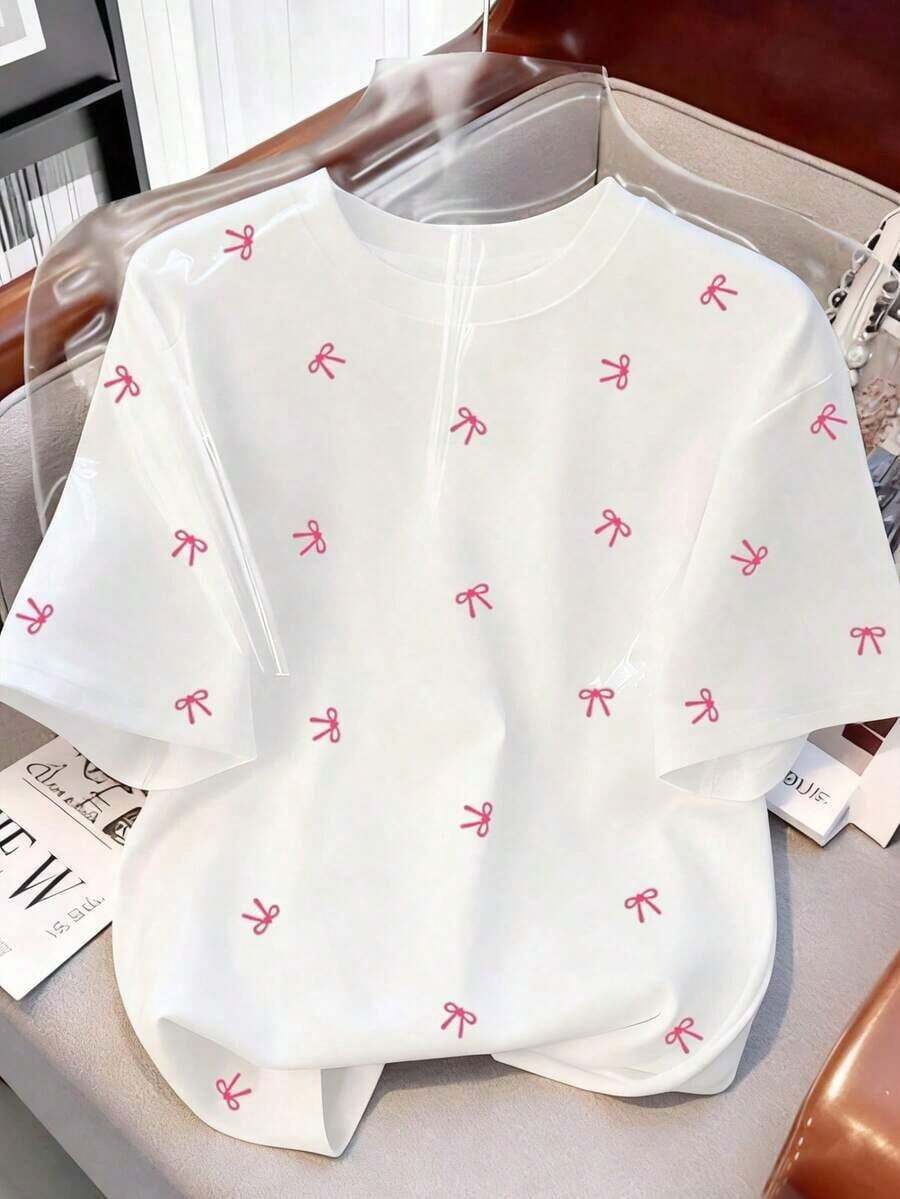 Camiseta casual de mujer con cuello redondo y estampado de lunares - Blanco - Ver 1