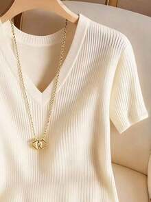 Camiseta de mujer elegante y casual de cuello en V y manga corta - Albaricoque - Ver 3