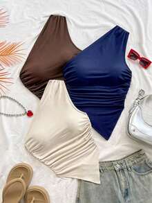 3 piezas Conjunto informal de verano de 2 piezas para mujer con parte superior de hombro asimétrico y bajo asimétrico, adecuado para volver al colegio, té de la tarde, casual, invitada a boda en la playa, brunch de graduación, Día de San Patricio, - Multicolor 5 - Ver 7