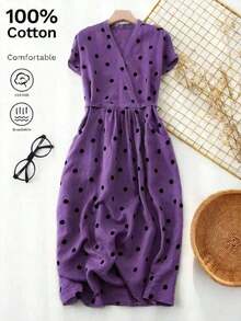 Vestido casual elegante y vintage con estampado de lunares, con bolsillos y lazo en la espalda, silueta minimalista pero refinada de corte evasé con cintura anudada, vestido versátil para oficina/ocasión, conjunto bohemio de lunares para vacaciones, primavera/verano rojo - Morado - Ver 1