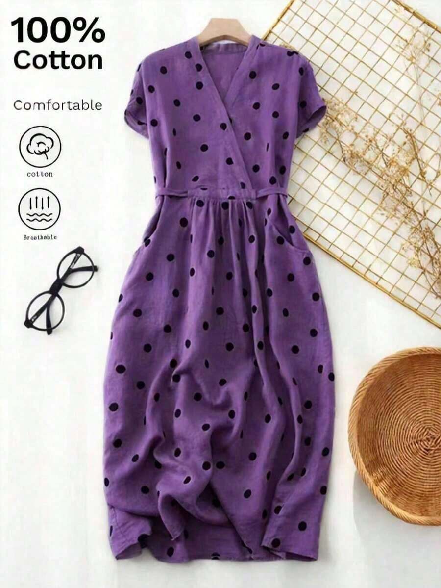 Vestido casual elegante y vintage con estampado de lunares, con bolsillos y lazo en la espalda, silueta minimalista pero refinada de corte evasé con cintura anudada, vestido versátil para oficina/ocasión, conjunto bohemio de lunares para vacaciones, primavera/verano rojo - Morado - Ver 1