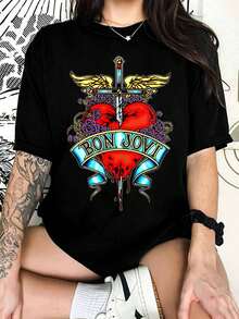 Bon Jovi Heart & DaggerS Graphic T-Shirt, Tattoo Style, For Classic Rock Fans - Black - View 1