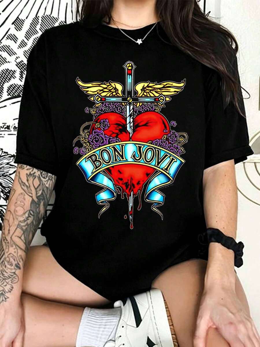 Bon Jovi Heart & DaggerS Graphic T-Shirt, Tattoo Style, For Classic Rock Fans - Black - View 1