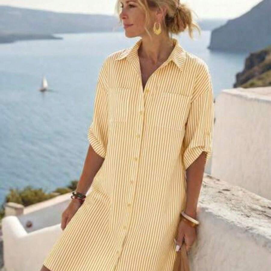 Faunlyn Women's Striped Roll-Tab Sleeve Front Button Shirt Dress For Vacation & Leisure - Mostaza Amarilla - Ver 1