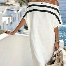 Casual Vacation Off-Shoulder Striped Loose Dress - Blanco - Ver 5