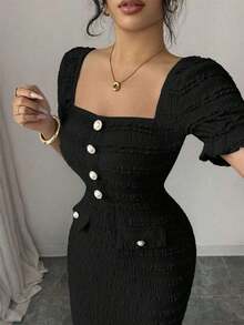 Nuevo vestido midi de punto texturizado con cuello cuadrado y mangas cortas, silueta elegante y versátil ajustada para mujeres - Negro - Ver 4