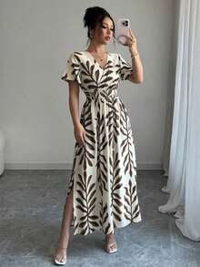 Vestido con mangas abullonadas, cintura anudable y bajo ajustable con abertura, hecho de gasa francesa, elegante, apropiado para vacaciones, fiestas de té de la tarde o playa - Marrón - Ver 12