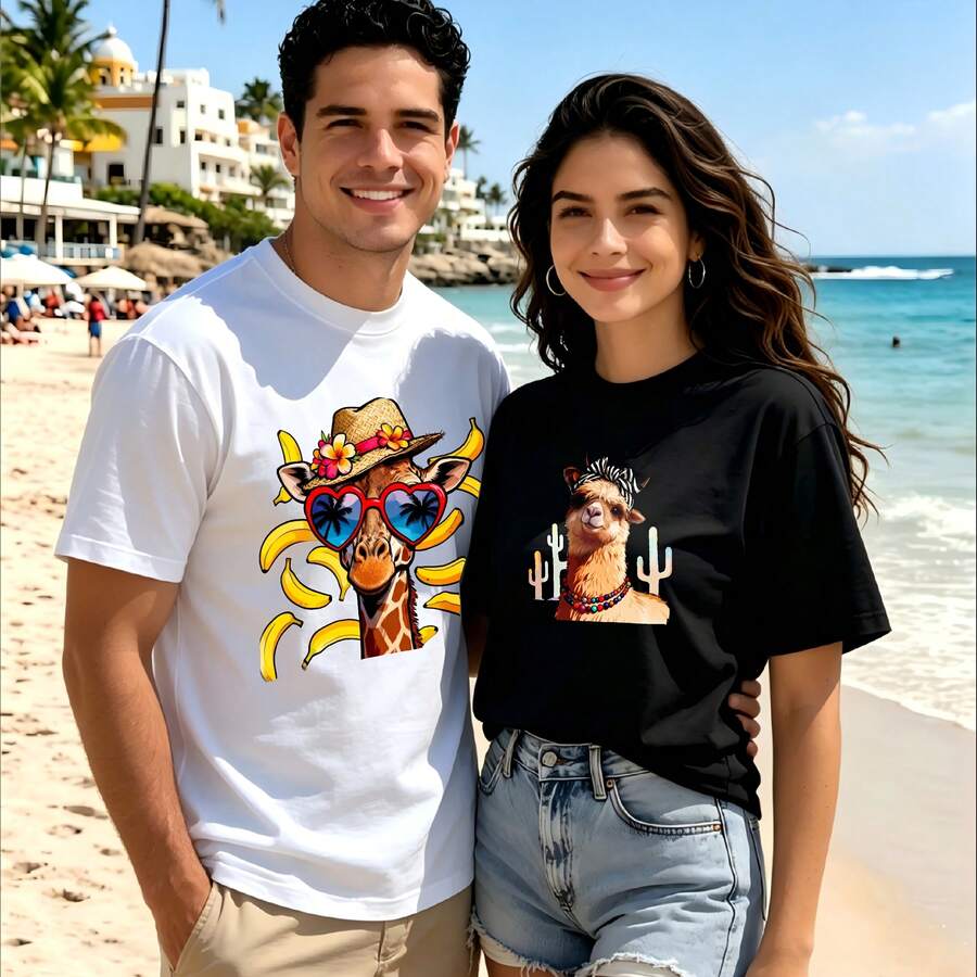 2-Piece Couple Matching Pattern T-Shirt, 100% Cotton, Loose Fit, Soft And Breathable, Casual Round Neck Short Sleeved Top Biker And Flag Design Floral Woman Portrait Versatile Patterns No Picky Combinations Coordinated Dating Casual Travel Simple And Cartoonish Printing Styles High - 白色 - 查看 1
