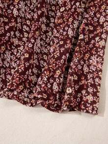 Acelitt Vestido de manga farol con frente fruncido y parches con estampado floral diminuto, elegante para vacaciones de primavera - Rojo - Ver 10