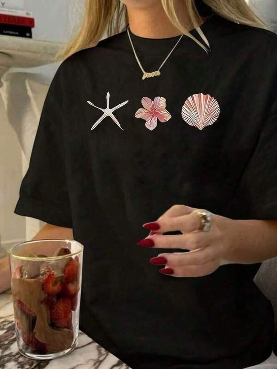 Casual Wear Women's White Summer Casual Style Crew Neck Short Sleeve T-Shirt With Starfish And Shell Print - Vintage Street Style Unisex Loose Cotton Short Sleeve Crew Neck T-Shirt - 黑色 - 查看 1