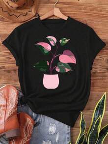 Camiseta Casual de Cuello Redondo para Mujer con Estampado de Coleccionista de Filodendro Rosa Princesa Rara - Manga Corta, Gris Oscuro con Maceta Rosa y Hojas Verdes, Diseño Inspirado en la Naturaleza, Transpirable para Verano y Primavera, Lavable a Máquina, Regalo Único, Textura Suave - Negro - Ver 2