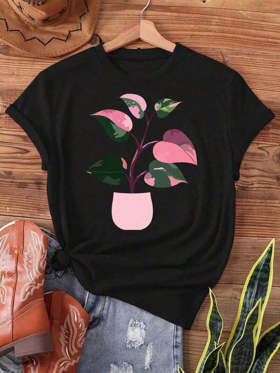 Camiseta Casual de Cuello Redondo para Mujer con Estampado de Coleccionista de Filodendro Rosa Princesa Rara - Manga Corta, Gris Oscuro con Maceta Rosa y Hojas Verdes, Diseño Inspirado en la Naturaleza, Transpirable para Verano y Primavera, Lavable a Máquina, Regalo Único, Textura Suave