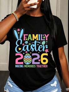 Graphic2026 Nueva Llegada Camiseta de Cuello Redondo para Mujer, Estampado de Orejas de Conejo, Huevos y Flores, Atuendo Casual de Primavera para Celebración de Pascua, Camiseta de Moda para Mujer, Top de Verano con Cuello Redondo - Negro - Ver 1