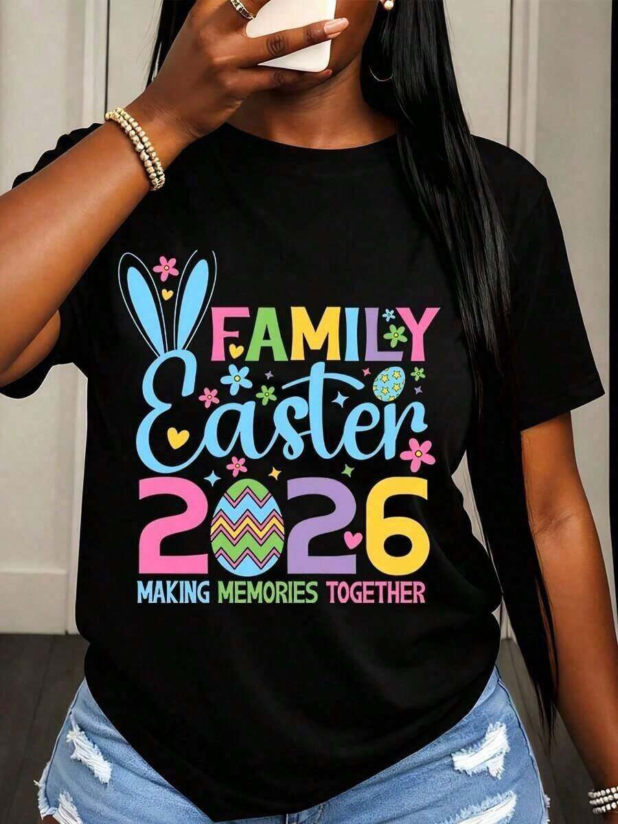 Graphic2026 Nueva Llegada Camiseta de Cuello Redondo para Mujer, Estampado de Orejas de Conejo, Huevos y Flores, Atuendo Casual de Primavera para Celebración de Pascua, Camiseta de Moda para Mujer, Top de Verano con Cuello Redondo - Negro - Ver 1