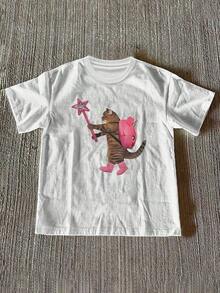 Camiseta casual de mujer de cuello redondo y manga corta con estampado de gato - Blanco - Ver 1