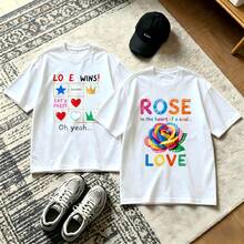 2-Piece Couple Matching Pattern T-Shirt, 100% Cotton, Loose Fit, Soft And Breathable, Casual Round Neck Short Sleeved Top Love Wins Let's Party Oh Yeah Rose Love Versatile Patterns No Picky Combinations Coordinated Dating Casual Travel Simple And Cartoonish Printing Styles High Cost-Effectiveness - 白色 - 查看 1