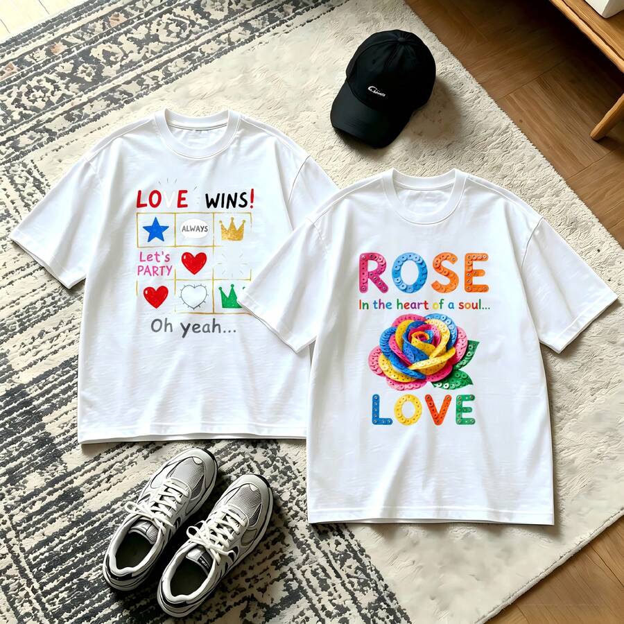 2-Piece Couple Matching Pattern T-Shirt, 100% Cotton, Loose Fit, Soft And Breathable, Casual Round Neck Short Sleeved Top Love Wins Let's Party Oh Yeah Rose Love Versatile Patterns No Picky Combinations Coordinated Dating Casual Travel Simple And Cartoonish Printing Styles High Cost-Effectiveness - 白色 - 查看 1