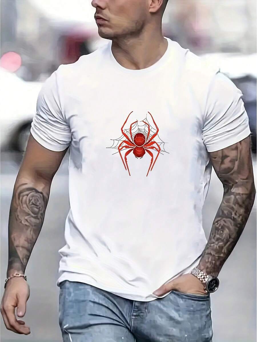 Camiseta Casual de Manga Corta para Hombre con Estampado de Araña, Ideal para Deportes al Aire Libre en Verano, Hecha de Tejido de Punto con Cuello Redondo, Corte Regular - Blanco - Ver 1