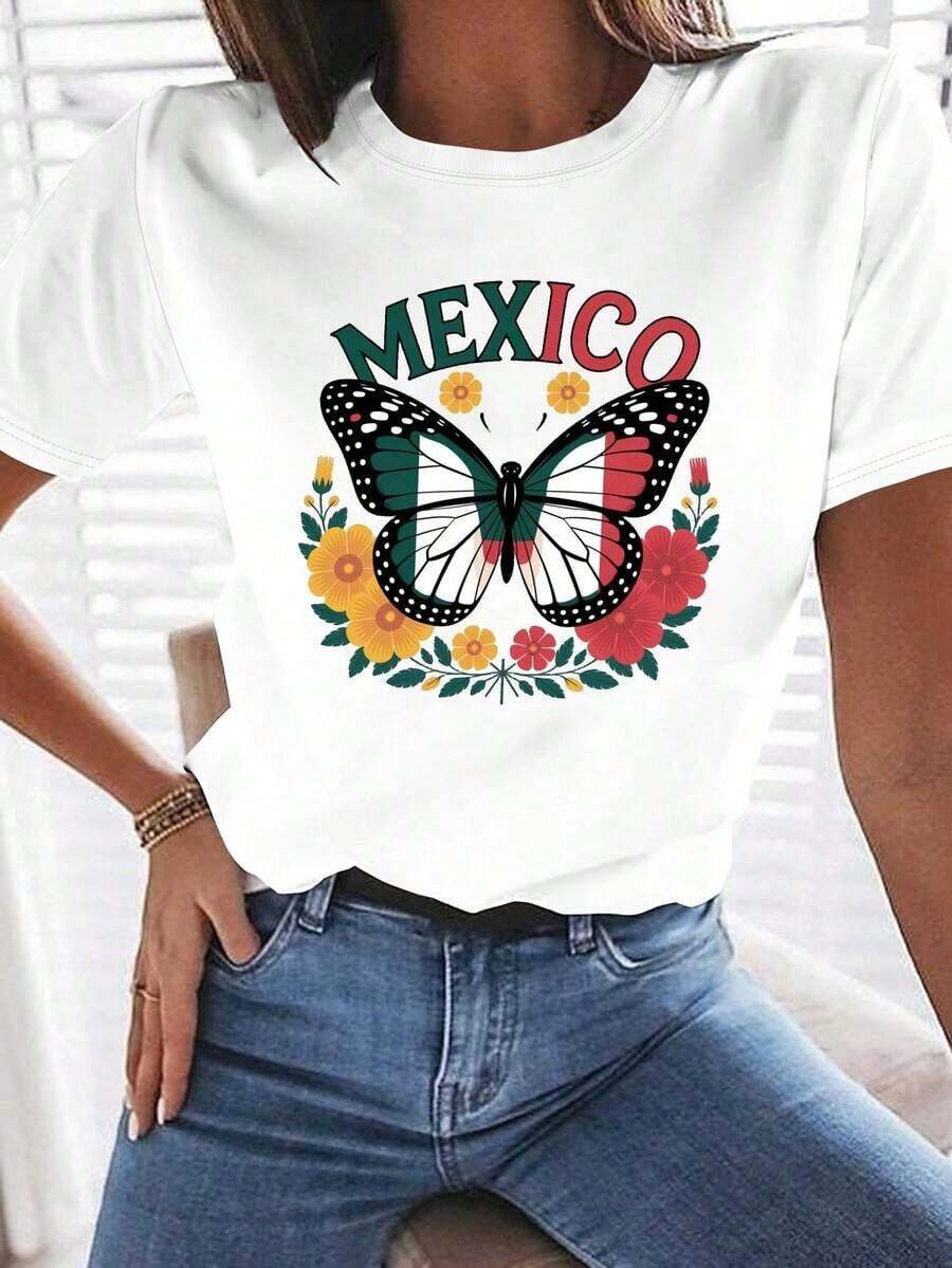 ComfortableCamisetas Ligeras con Estampado Gráfico para Mujer - Diseño de Bandera Mexicana y Mariachi - Camiseta de manga corta con cuello redondo 100% cómoda, con letras mexicanas y diseño de sombrero - Prenda cultural mexicana vibrante, adecuada para uso diario y eventos temáticos - Arte geométrico de mariposas y colores de la bandera mexicana - Lavable a máquina, apta para todas las estaciones - Corte holgado para mujer, blusas y camisas para mujer, camisetas para mujer, blusas y camisas para mujer, ropa de moda para mujer, camisetas para mujer, ropa de mujer 100% algodón, éxito de . Camiseta Holgada y Versátil de Manga Corta para Mujer - Blanco - Ver 1