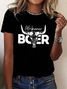 Camiseta Casual Estilo Arte Moderno, Camiseta de Manga Corta para Mujer a la Moda - Diseño de Cabeza de Yak, Transpirable y Cómoda, Cuello Redondo Casual, Tela Ligera, Adecuada para Viajes Diarios y Reuniones, Mostrando Tu Encanto. 100% Algodón, Duradera. - Negro - Ver 7